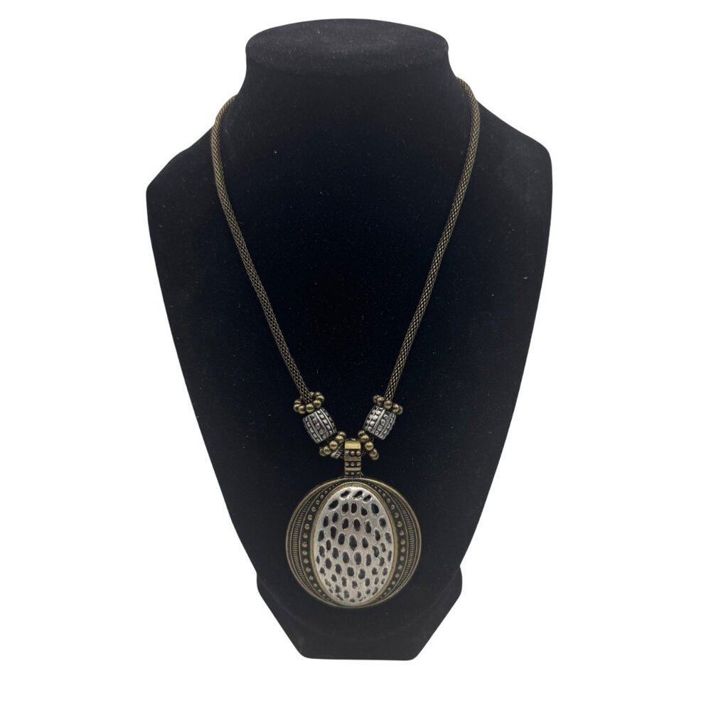 Premier Designs Antiqued Brass Pewter Two Tone Pendant Necklace Adjustable NEW